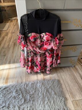 Floral Pink Off-Shoulder Peplum Top with Black Mesh Yoke